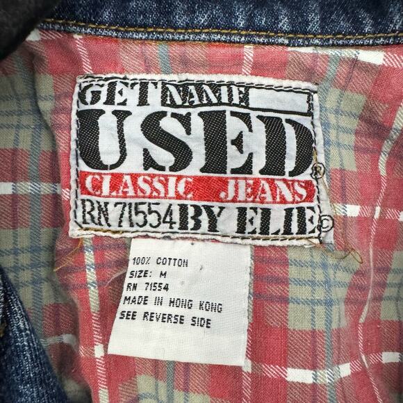 Vintage Get Used Denim Crop Jean Jacket Flannel Lined Patches Size Medium - Picture 8 of 8